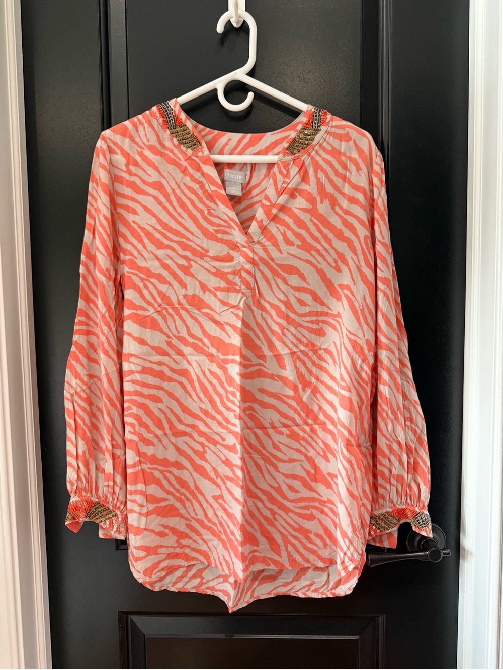 Chico's Coral and Cream Zebra-Print Tunic with Beaded Neckline & Cuffs